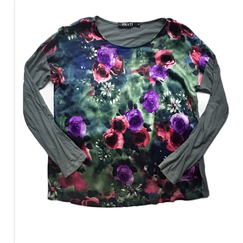 Prati silk Floral Long Sleeve Top Green and Purple